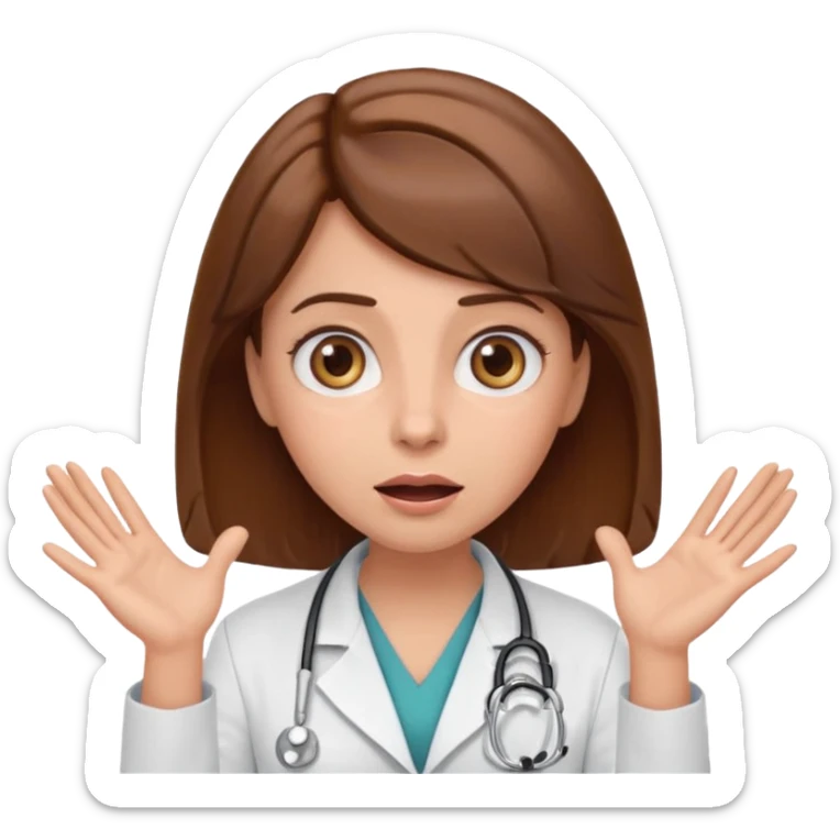 Surprised female doctor emoji with brown hair, both hands on her cheeks, big expressive eyes, clean emoji style sticker