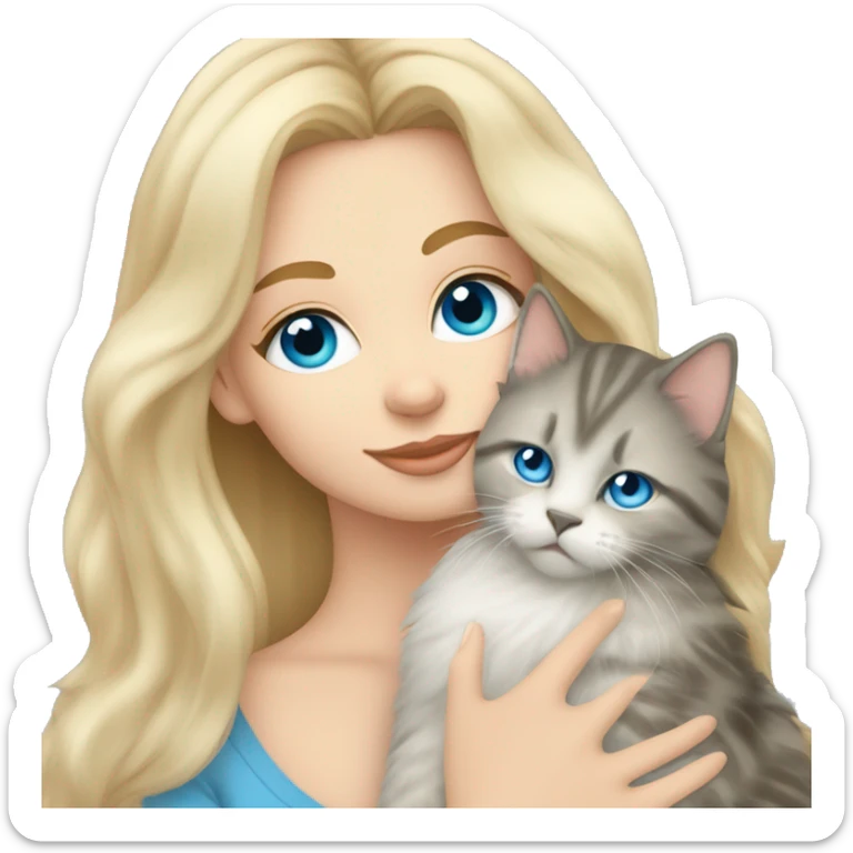 Pretty Blonde haired blue eyed woman snuggling a Siberian cat sticker