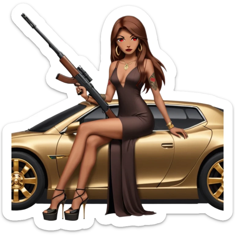 Lilith tan skinfemale red eyes symbol. Tattoo arms. Her hair is brown straight long hair.wearing sexy long elegant dress with slit. black stiletto thick platform high heels shoes on. Sitting on gold giant luxury car with cash inside . She is holding a sniper rifle in one hand cash in other hand sticker