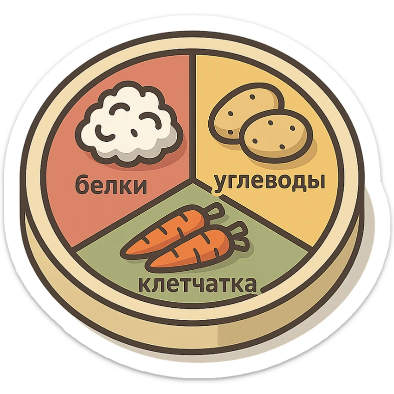 Гарвардская тарелка с тремя секциями, 2d-isometric стиль, с тенями и бликами, без руки, чистый фон. В секции белки — контурный творог, в секции углеводы — контурный картофель, в секции клетчатка — контурная морковь. Подписи по-русски: белки, углеводы, клетчатка. sticker