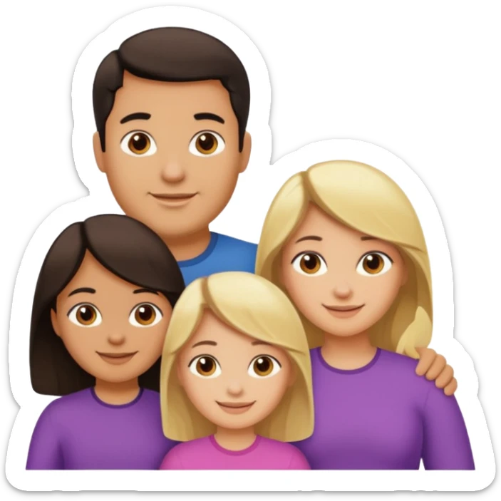 Familia de 4 personas sonriendo: Hombre gordito pelo oscuro, Mujer pelo cafe, hija 1 pelo mono e hija 2 pelo oscuro.sólo 4 personas. sticker