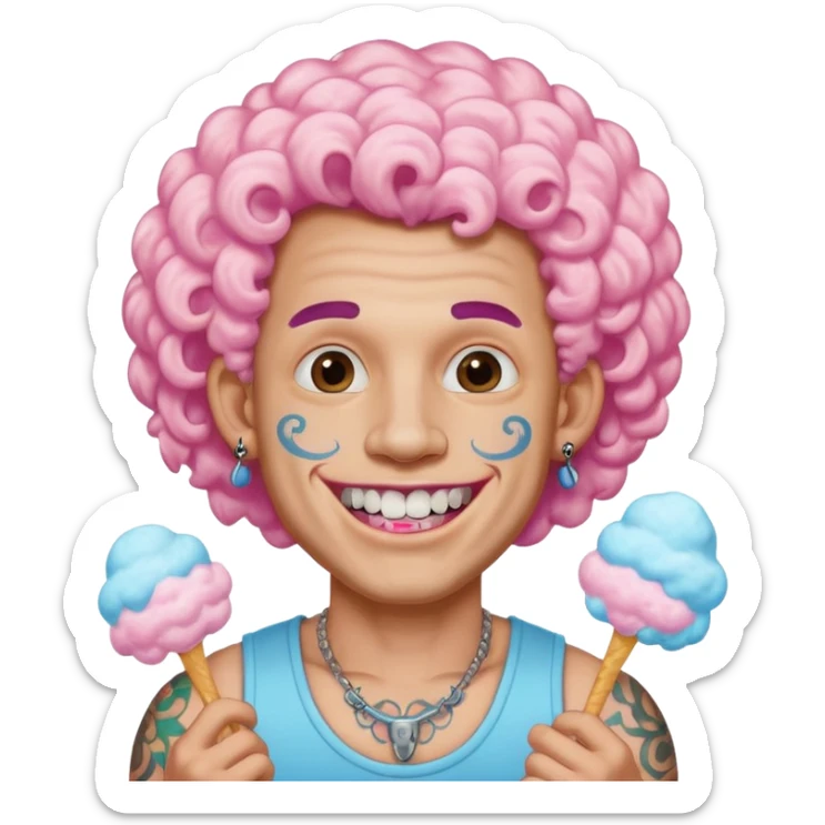 very cheerful colorful puffy curly haired man made out of cotton candy wearing teeth-braces and tattoos and face tattoos just face  sticker