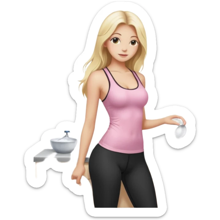 Seductive, thin fair skinned woman, long blond hair, washing dishes, SFW sheer pink tank top, without undergarments showing natural breast shape SFW, black yoga pants, perfect booty sticker
