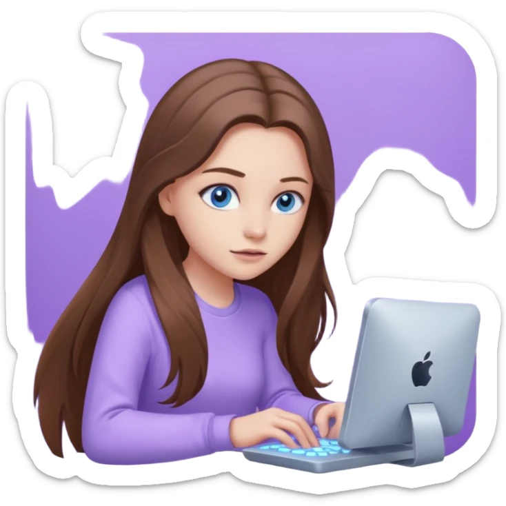 beautiful girl with long brown hair, blue eyes and wearing light purple clothes playing computer games sticker