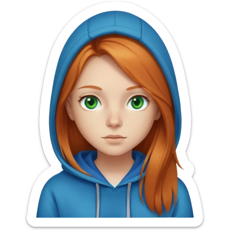 Create a emoji of a young girl with:

1) Ginger straight long hair
2) Green eyes
3) Blue hoodie sticker