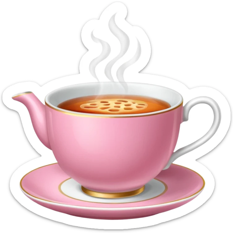 An emoji of a steaming hot cup of tea. The cup should be pink, the tea should be breakfast tea colours and the background should be transparent sticker