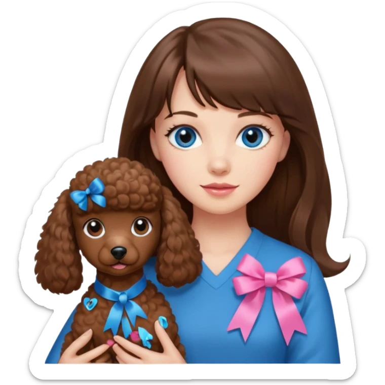 kobieta z długimi brązowymi włosami, z grzywką i niebieskie oczy trzyma na rękach brązowego pudelka z różową sticker