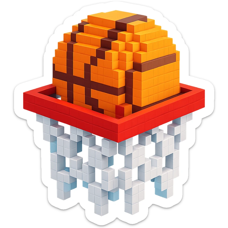 Voxel-style basketball in a net, no background, variation 1. sticker
