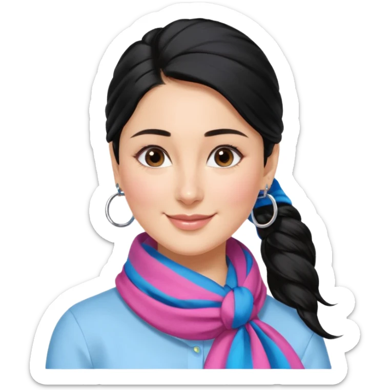 generate a pretty bratz emoji that looks like Kareena Kapoor's Geet character. 
Make her wear a white shirt with a colorful blue-pink scarf wrapped around her neck. smiling big. Black hair tied into a side part ponytail, silver hoops and no necklace

She should look exactly  like Kareena Kapoor sticker