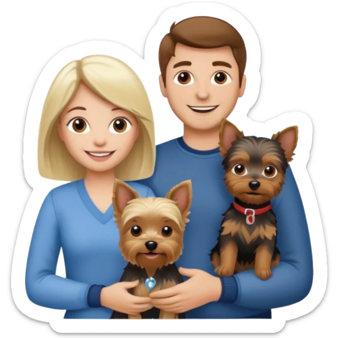 A woman with brown hair, man with white/blonde hair and a Yorkshire terrier dog they are a family  sticker