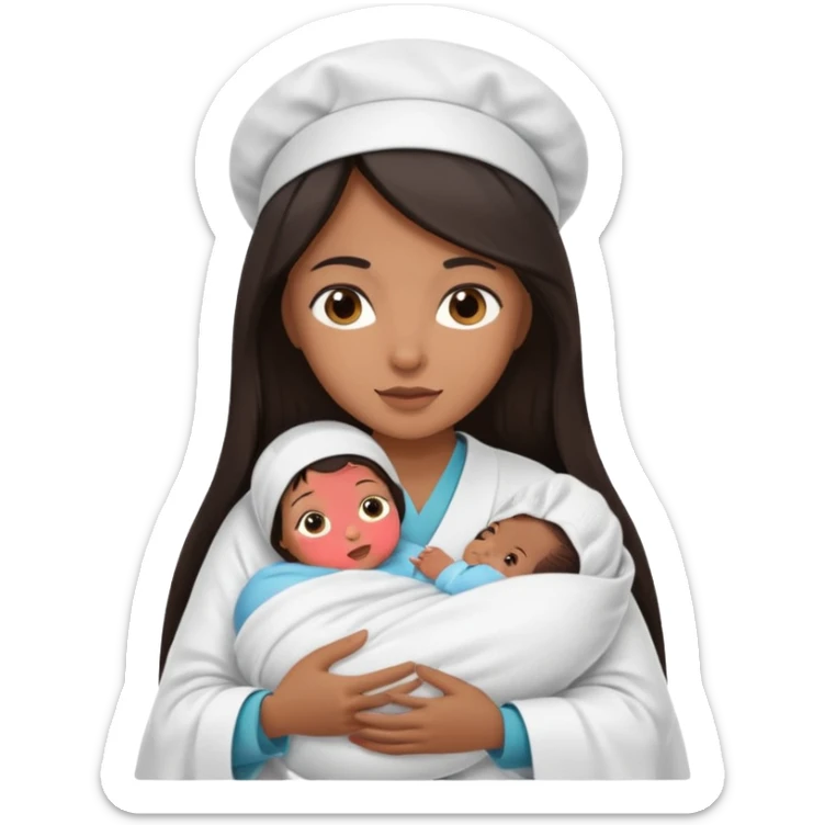 Female nurse with long dark hair with medium brown skin and brown eyes holding one new born  sticker