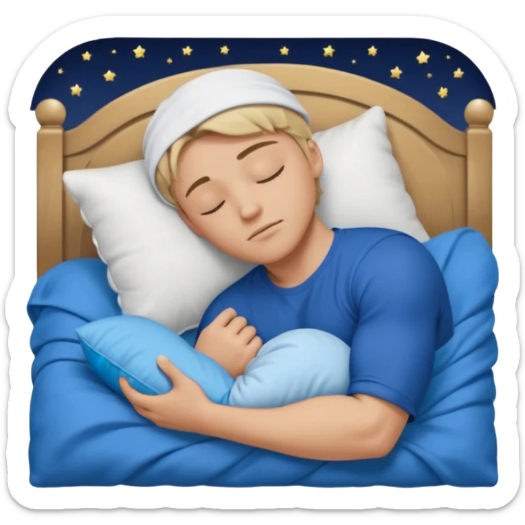 A young muscular male with short dark-blonde hair and medium-light skin, wearing blue cloth. He sleeps on his side, holding a soft white pillow, his head on a smooth blue pillow. A sleeping symbol floats above him in the dark, nighttime scene. A flowing blue blanket with silky folds covers him. sticker