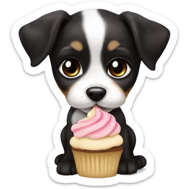 Cute big eyed Black and white girl teddy Roosevelt terrier puppy runt (no brown) eating a cupcake sticker