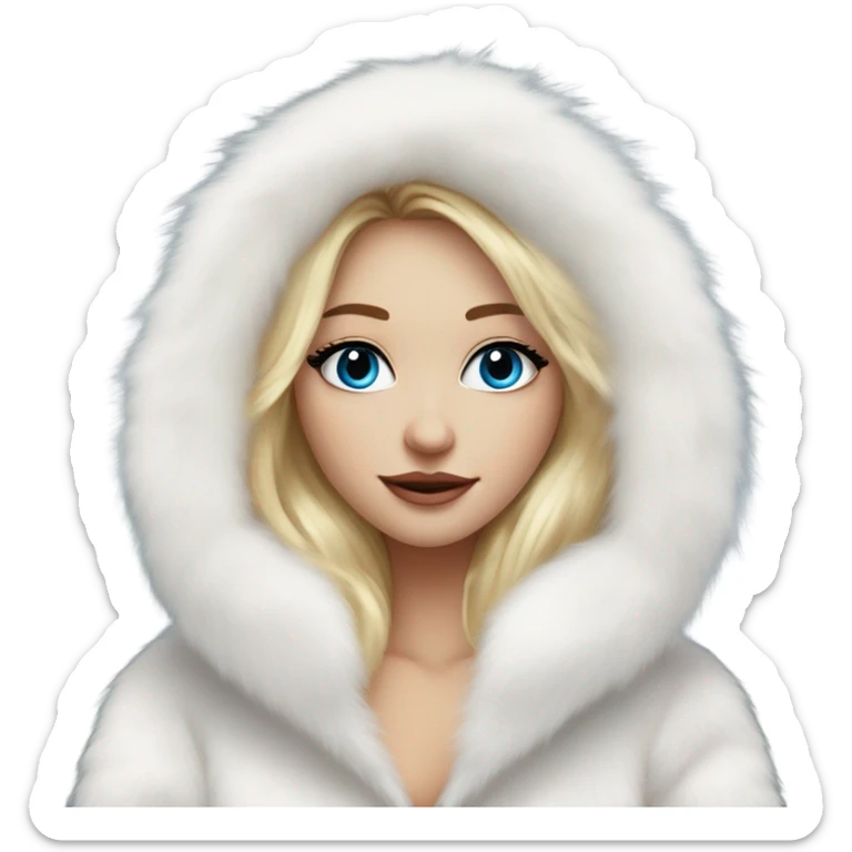 Beautiful Girl with lashes and blue eyes, blonde hair, in a extremely big fluffy oversized white fur coat with hood on. The fur is real and it’s very obvious big and fluffy  sticker