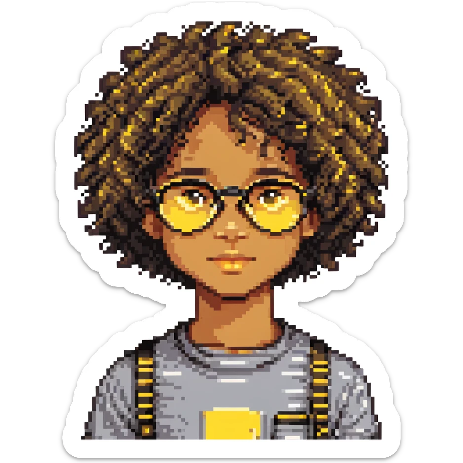 11 year old mixed-race boy, yellow and black glasses, curly hair, pixel art style sticker