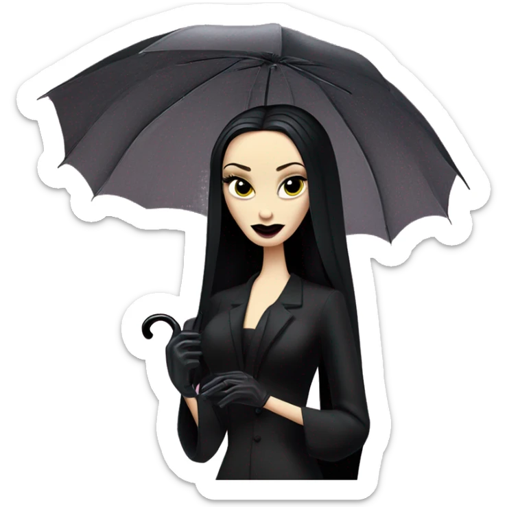 Teen Morticia Addams at a rainy funeral holding umbrella. funeral veil,gloves, holding small clutch.Palm Beach Honey Barbie  sticker