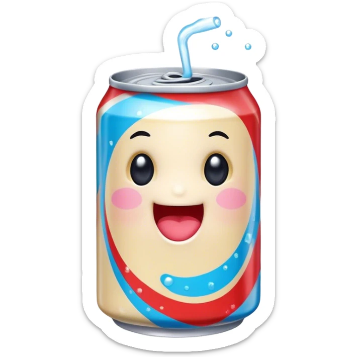 Cute Kawaii Soda Can, bubbly and vibrant, bright red and blue stripes, playful fizz popping around, a chubby happy face with wide sparkling eyes, energetic and refreshing! sticker