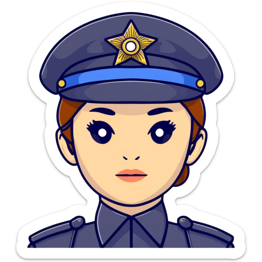Female Russian police officer in uniform with distinctive police cap, professional look sticker