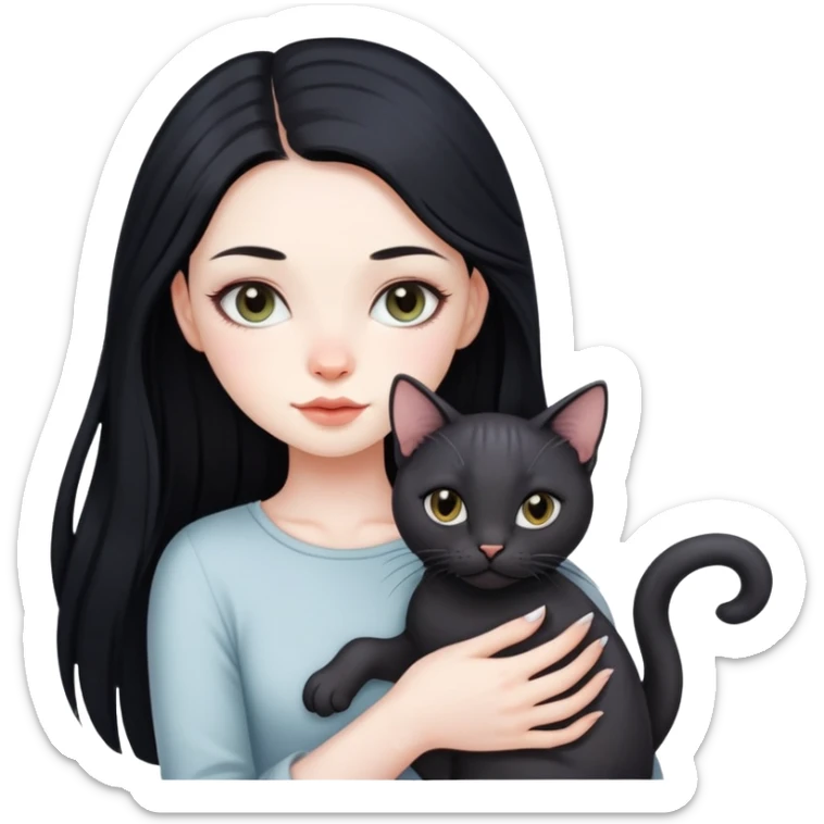 beautiful girl with long black hair holding a hairless cat sticker