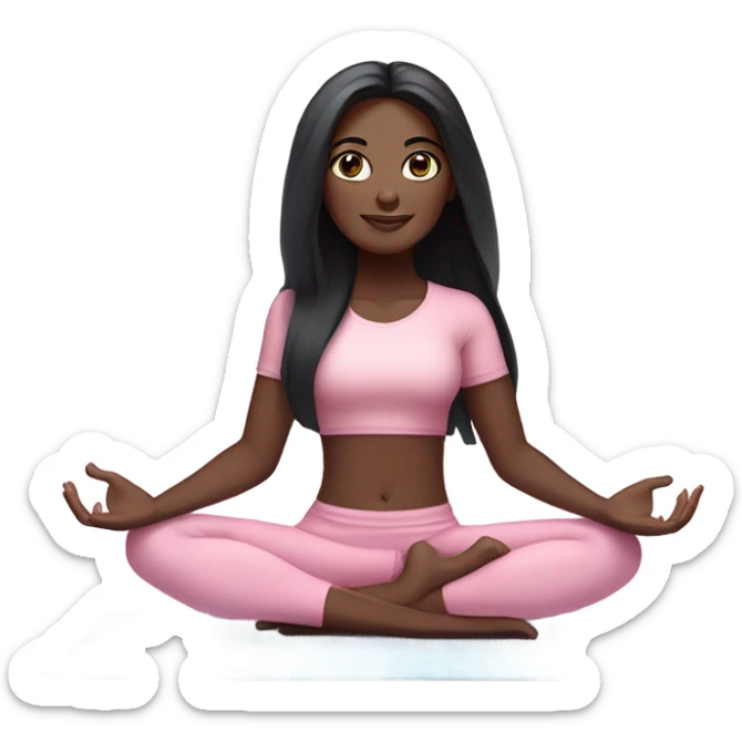 Black long hair and blue blue eyes yoga beautiful girl dark skin in light pink pink pink clothes sitting on a yoga mat sticker