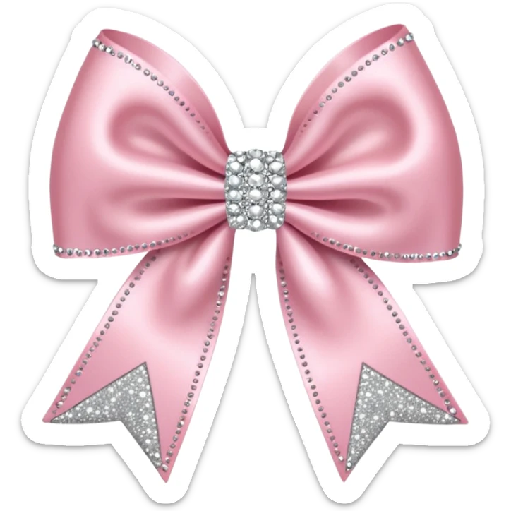 Cutesy pink bow emoji. Shiny baby pink satin ribbon. It's silver glitter sparkles on it. Shiny with rhinestones and shadowed to look three-dimensional sticker