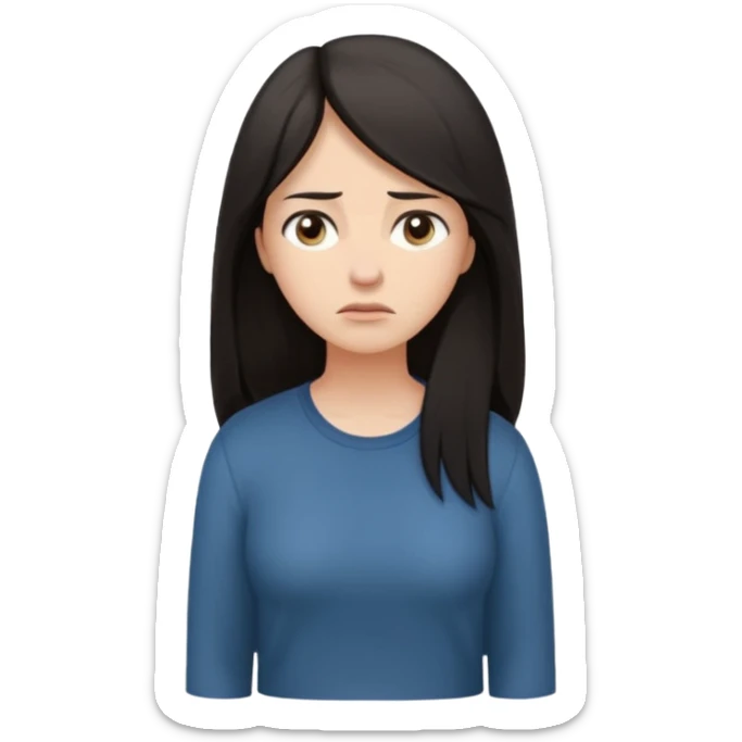 "Cartoon emoji of a woman with long, loose dark hair, wearing plain, simple clothes. Full-height, standing, nervous, unsure, worried expression. Slightly hunched, anxious posture. Smooth, simple, stylized."Eyes looking down or away, avoiding direct contact sticker