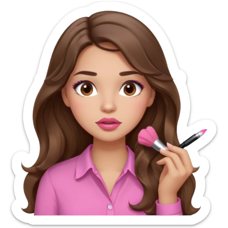 girl with long wavy brown hair, brown eyes, light to medium complexion, in a pink shirt, pink lips, long lashes, puckered lips, putting on blush sticker