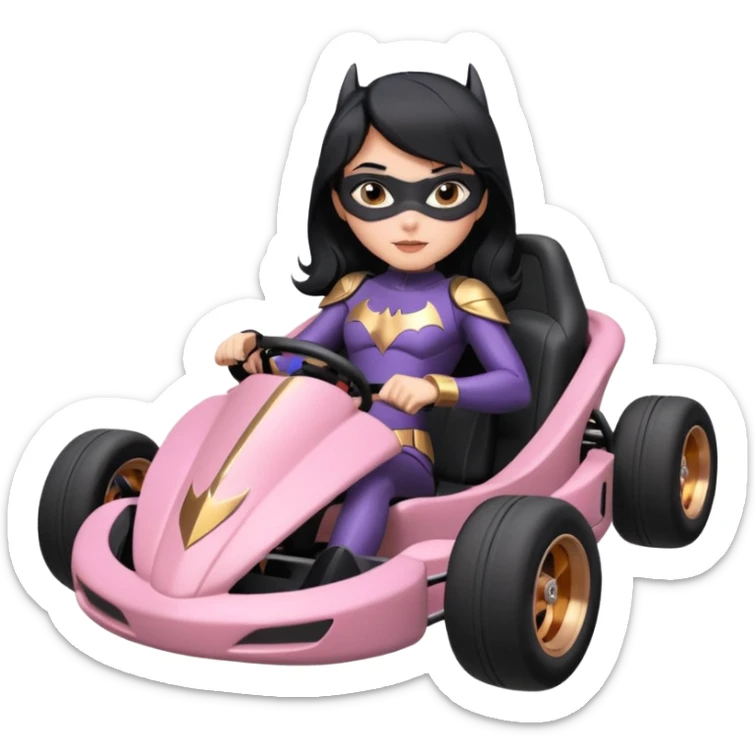 Hot full size real-appearance enclosed electric racing action BatGirl’s feminine midnight-colored tight outfit sixty’s tv show 1992 dark stealthy sporty safe plush petite off-road pursuit cruiser car rose gold accents (black hair,reclined and relaxed torso and shoulders seating position) go kart  sticker