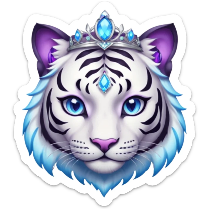 ESO Female white/black tiger khajiit leader of the umbral rose, glowing blue eyes, glowing blue 'third eye' gem; purple gem silver tiara sticker