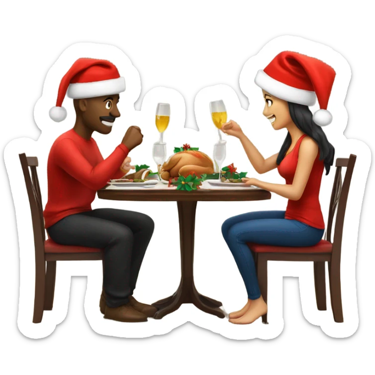 emoji Sports couple , a man and a woman in sportswear, sitting at the Christmas dinner table with a red Christmas hat sticker