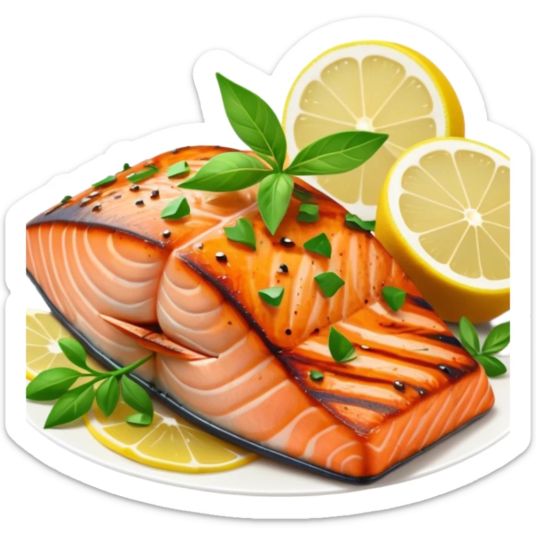 Cinematic perfectly grilled salmon, rich orange hues with crispy skin, garnished with fresh herbs, drizzled with lemon, ultra-detailed and delicious. sticker