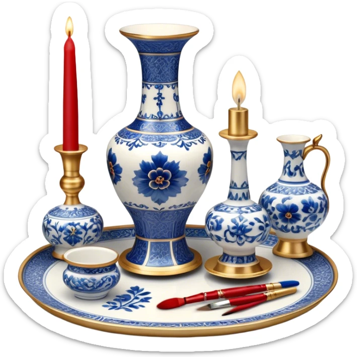 Metal painting icon, a metal vase, tray, and candlestick, each decorated with different techniques: Gzhel-style blue floral patterns, Chinese red and gold designs, and intricate Golden embroidery-style details. Visible fine paintbrush, paint pots, and accessories like porcelain palette, minimalistic style, clean lines, transparent background. sticker