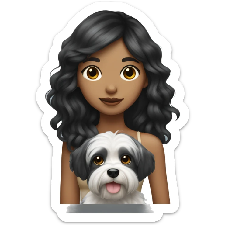 TAN SKIN GIRL with long black wavy hair and bangs HOLDING her black and white shitzu  sticker