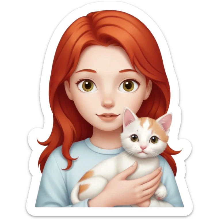 A girl with red hair and fair skin is holding a milky-white kitten. sticker