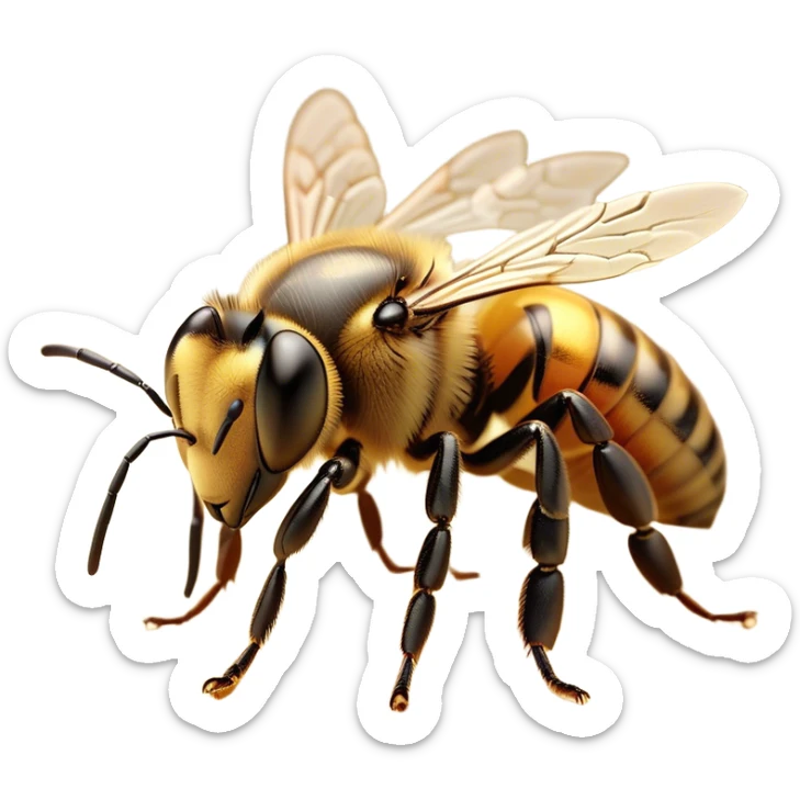 Beautiful and Majestic Bee Portrait Emoji, Head and body rendered in serene repose with a gentle, content smile, showcasing a tiny, fuzzy form with softly closed delicate wings and eyes in tranquil slumber, Simplified yet exquisitely endearing features, highly detailed, glowing with a soft, drowsy golden light, high shine, relaxed and utterly noble, stylized with an air of regal natural beauty, soft glowing outline, capturing the essence of a majestic bee that embodies the timeless charm of nature! sticker