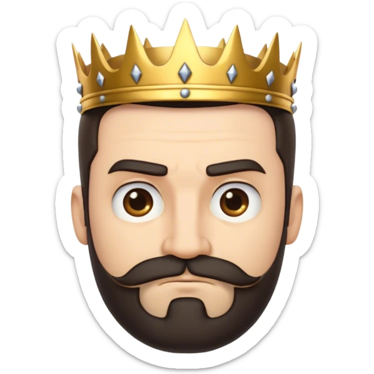 Create a cartoon-style emoji of a man with the following characteristics:

Serious and slightly skeptical expression with furrowed eyebrows and a slight frown.
Dark beard and mustache, neatly trimmed.
Short hair on the sides with slightly longer hair on top, styled naturally.
Wearing a golden crown with spikes and rounded tips.
Intense, thoughtful gaze looking slightly off-camera.
Bold outlines and simplified facial features, maintaining a fun and playful emoji style.
Transparent background, suitable for use as a digital sticker or emoji. sticker