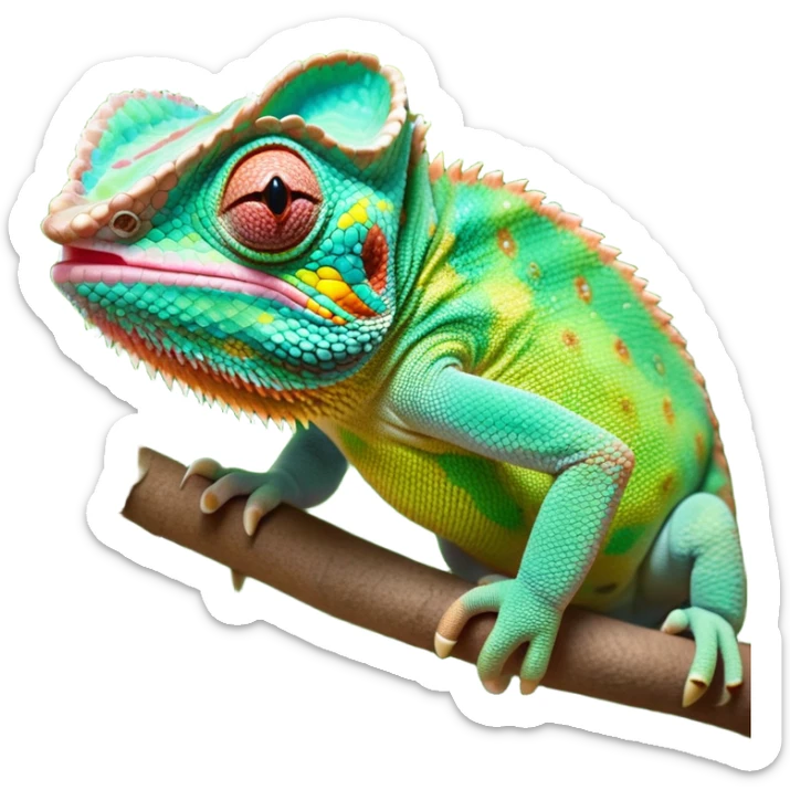 cinematic giant-tongue out chameleon-realistic emoji, mouth wide open with tongue out, -blending-with-vibrant-greenery.-detailed-scales-in-shifting-colors,-showing-the-chameleon’s-ability-to-camouflage.-soft-natural-light-highlights-its-texture.-light-background, zoomed into its face sticker
