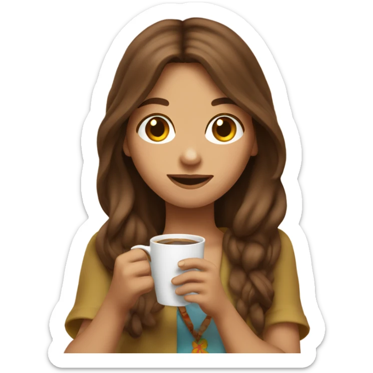 hippie girl with brown hair drinking coffee and holding up peace sign sticker
