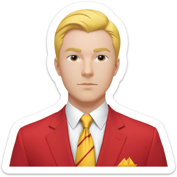"A bust of a professional man dressed in a red and yellow business suit, symbolizing career opportunities and success. He has a confident expression, short well-groomed hair, and a sharp, determined look. The suit consists of a red blazer with yellow accents, a neatly buttoned yellow dress shirt, and a red tie. A bright upward arrow (📈) is positioned beside him, representing career growth. The man’s bust is stylized with clean lines, focusing on his upper torso and face. The background is plain white, maintaining a professional and modern business-themed design. sticker