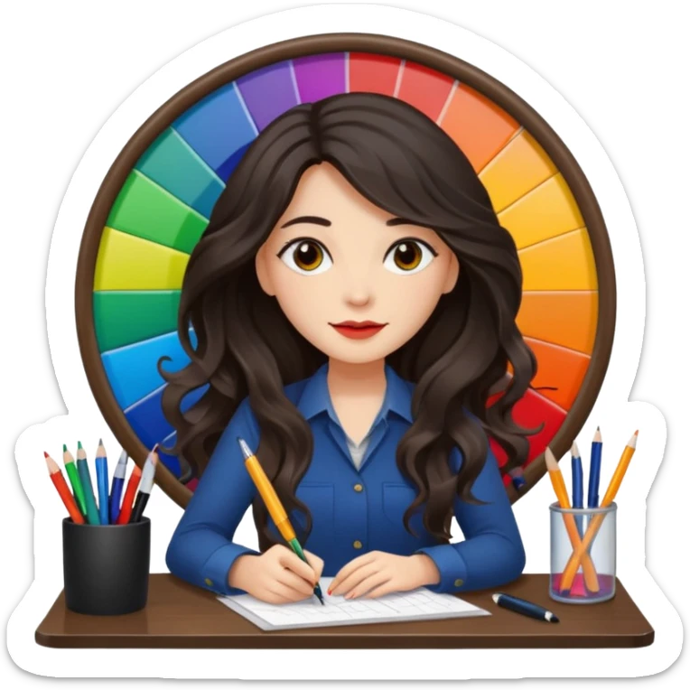 female dark wavy long hair graphic designer , big color wheel behind , pens, papers, desktop sticker