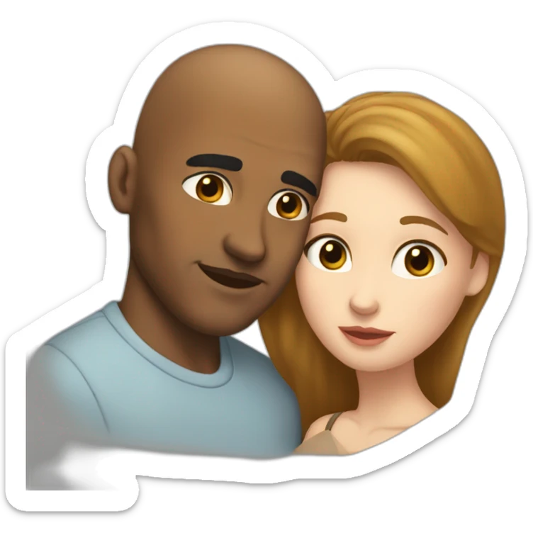 A mixed race man with very little hair kissing a white woman with brown hair, Who embrace each other tenderly sticker