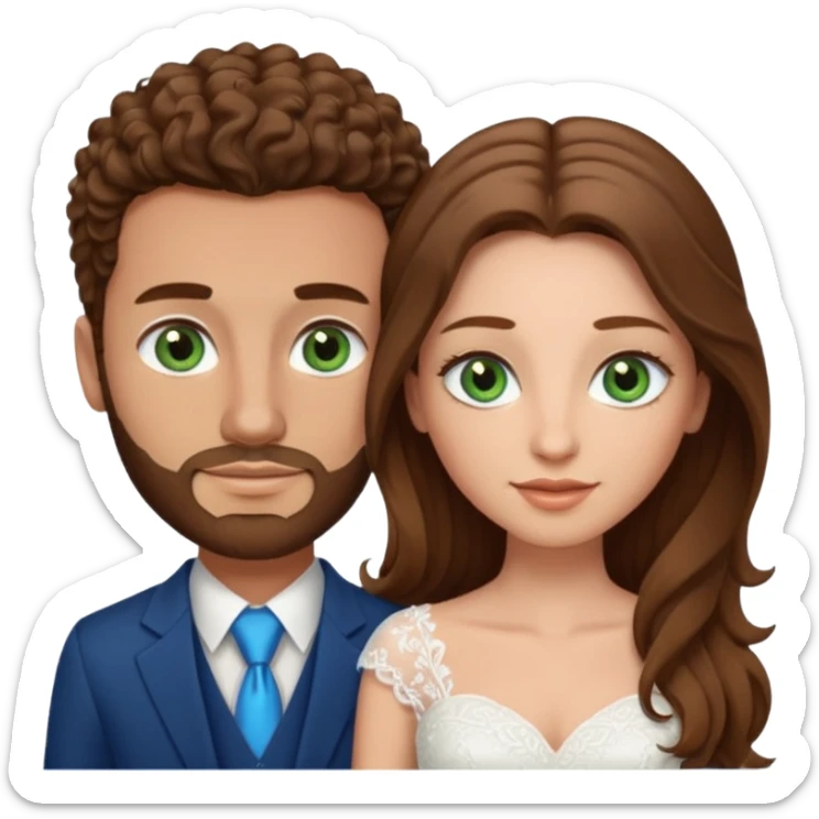 wedding couple, woman has long straight brown hair and green eyes, man has short light brown curly hair and facial hair with blue eyes sticker