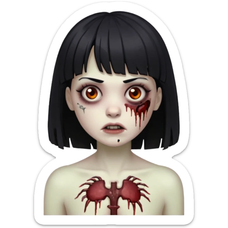 Um zumbi feminino, com cabelo preto e franja, machucados pelo rosto e torso sticker