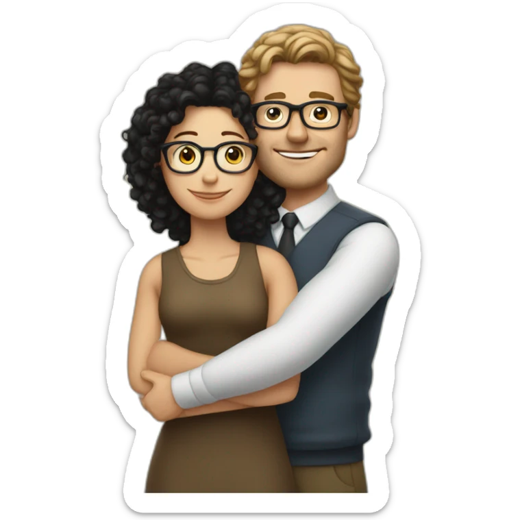 tall white man with black curly hair hugging white woman with glasses and brown straight hair sticker