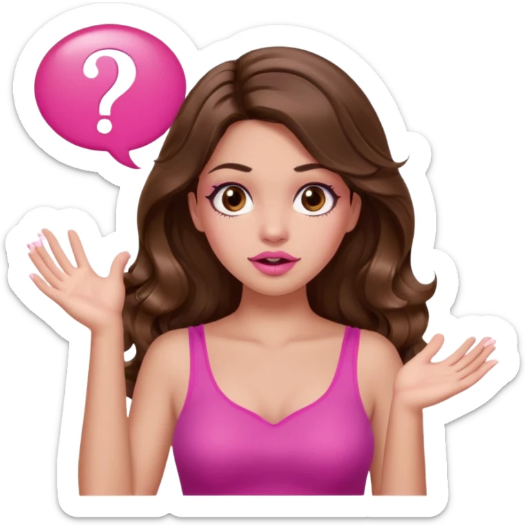 girl with long wavy brown hair, brown eyes, long lashes makeup, sexy pink lips, light to medium complexion, pink sexy top, two hands up, shrugging, confused question mark bubble sign sticker