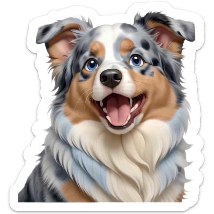 Cinematic Cute Yawning Tan Point Blue Merle Australian Shepherd Portrait Emoji, Head tilted slightly with a dramatic, wide-open yawn, soft blue merle fur with prominent tan points and crisp white accents, floppy ears slightly drooping, round blue eyes barely open in drowsy contentment, Simplified yet irresistibly adorable features, highly detailed, glowing with a soft, cozy glow, high shine, relaxed yet expressive, stylized with a touch of whimsy, bright and endearing, soft glowing outline, capturing the essence of a sleepy yet affectionate pup, so drowsy it feels like it could stretch right out of the screen and curl up for a nap! sticker