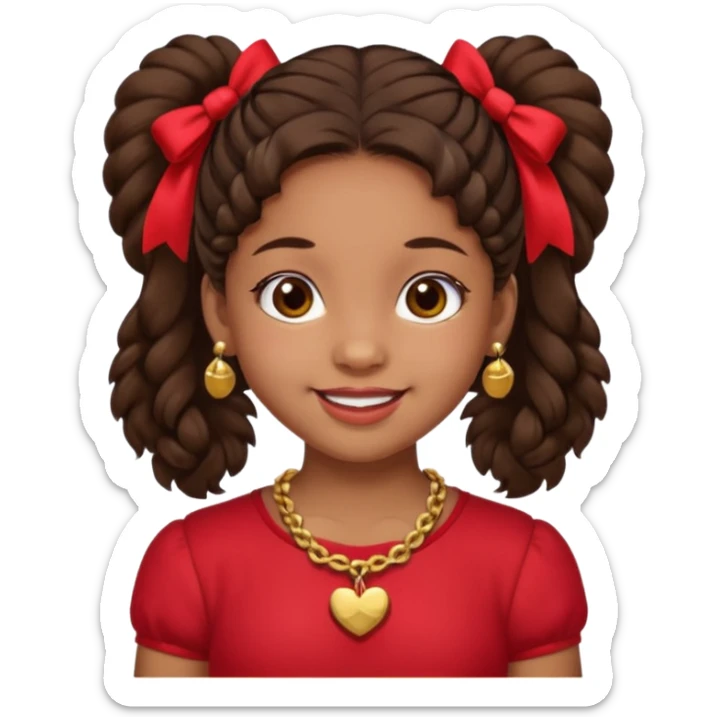 Brownskin girl dark brown hair fluffy. pigtails with red bows brown eyes smiling closed mouth red shirt gold esrrings gold necklace sticker