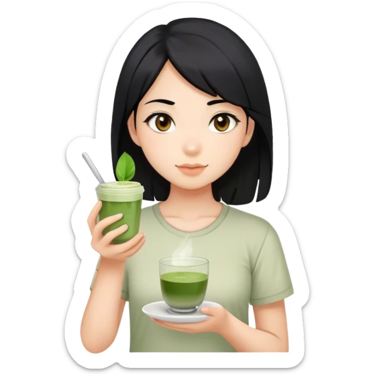 Girl with black hair, brown eyes, with shirt and Matcha in the hand sticker