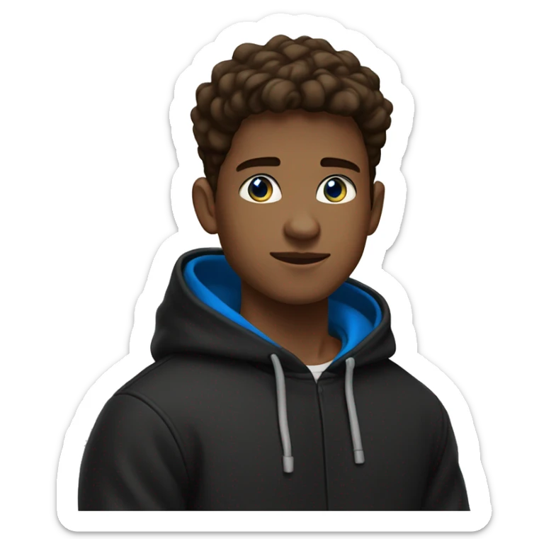 a 21 year old boy with blue eyes, brown hair, with a taper fade and a black hoodie sticker
