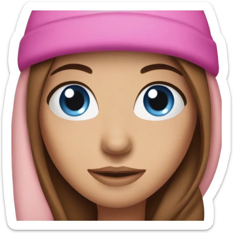 woman with blue eyes, long brown hair, and pink beanie sticker